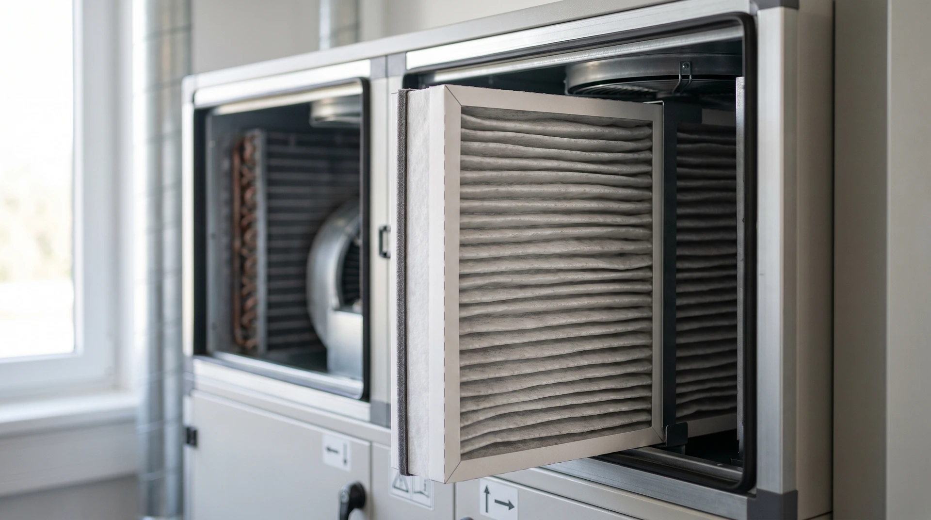 Ett luftfilter installerat i ett öppet ventilationssystem i ett fönster.